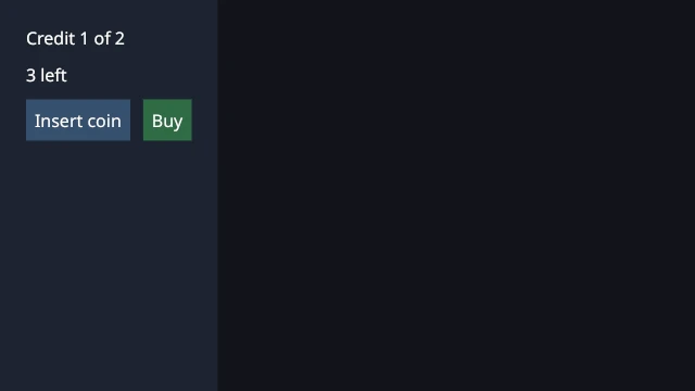 The vending machine screen after one coin: Credit 1 of 2, 3 left, an Insert coin button and a green Buy button