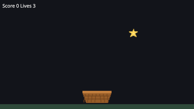 The game at 640 by 360: the label Score 0, Lives 3 at the top left, a star in the upper right, and the basket on the green ground