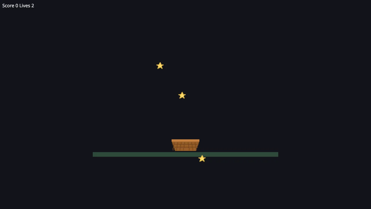 The game drawn in a window inside Valve’s sniper runtime: Score 0, Lives 2 at the top left, three falling stars and the basket on the green ground