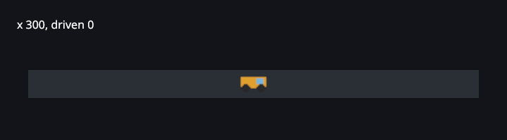 The rover screen: the label x 300, driven 0 above a dark track with the orange rover sprite in the middle
