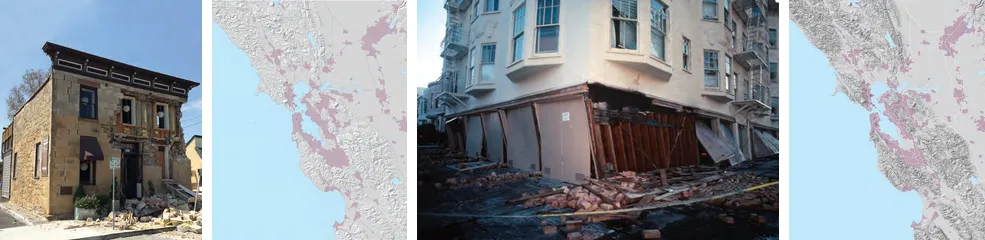Four images extracted from the USGS fact sheet: a stone building damaged by the 2014 South Napa earthquake, two shaded-relief maps of the San Francisco Bay region with urban areas in purple, and the corner of a damaged building with collapsed brick