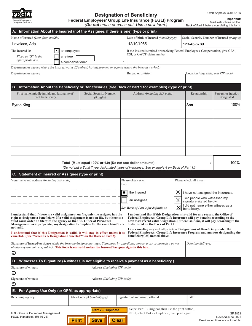 Page 1 of the filled SF 2823: the name Lovelace, Ada, the date of birth 12/10/1985 and the Social Security number in section A with “an employee” selected, beneficiary Byron King, Son, 100% in section B with a total of 100%, “the Insured” selected and all three statements checked in section C, and “Part 2 - Duplicate” chosen in the box at the bottom