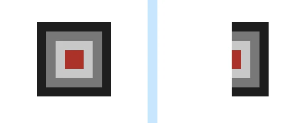 The logo before redaction, a square of nested gray frames around a red center, and after, with its left half blank